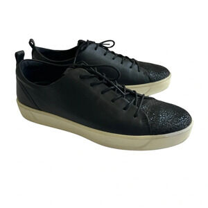 Ecco Soft Black Leather Lace Up Sneakers Casual Shoes Sz 10 Textured Women’s